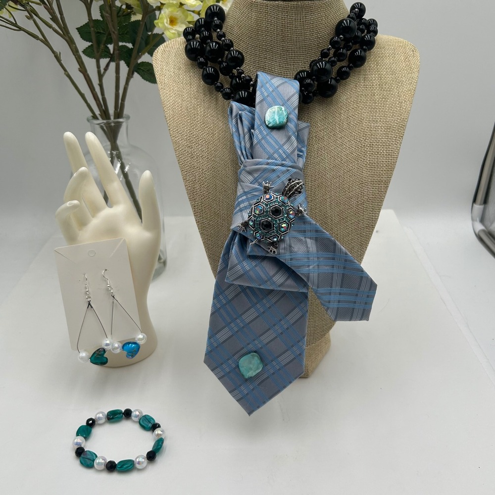Kenneth Cole Reaction Repurposed Tie Necklace Set Turtle Brooch Earring Bracelet